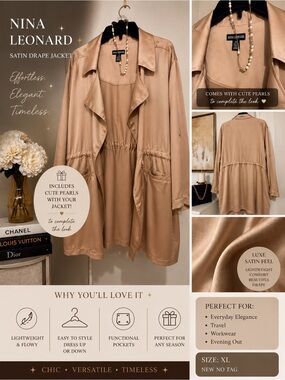 Nina Leonard xl Open-Front Drape light jacket nude colour & cute Pearls